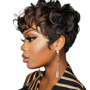 Black women's short elf wig with bangs, curly synthetic short hair wig