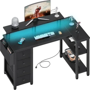 Black L Shaped Desk with Led Lights and Power Outlets, 47 Inch Writing Study Computer Gaming Desks w Fabric Drawers